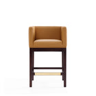 Manhattan Comfort Kingsley 21" Mid-Century Modern Faux Leather Upholstered Counter Stool - Camel and Dark Walnut - 3 Pack-Includes Gold Metal Footrest
