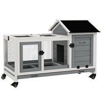 PawHut 29" H Rabbit Hutch with Wheels, Ramp, Run and Tray - Grey-Solid fir wood frame 