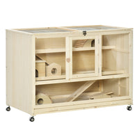 PawHut Wooden Hamster Cage 3-Tier Rat Cage with Openable Roof - Natural Wood-Three floors provide ample space for pet activity