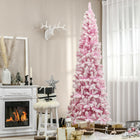 HOMCOM 7.5' Snow-Flocked Pencil Artificial Christmas Tree with Steel Base - Pink-Pencil shape for small rooms or as a secondary tree 
