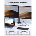 UGREEN - Hub USB-C Revodok 10 en 1 pour deux écrans-Sortie vidéo flexible : Le port HDMI prend en charge des résolutions allant jusqu’à 4K@30Hz, 2K@60Hz et 1080P@120Hz. Le port VGA prend en charge jusqu’à 1080P@60Hz. Les ports HDMI et VGA peuvent être utilisés simultanément pour une configuration à double écran.