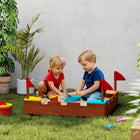 Qaba - Bac à sable en bois pour enfants, bac à sable extérieur thème château avec drapeaux - bois brun-Sièges d’angle aux couleurs vives pouvant accueillir confortablement quatre enfants 