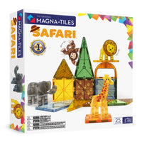 MAGNA-TILES Safari Animals 25-Piece Magnetic Construction Set-What’s Included:  25 magnetic pieces, including 4 Safari Figurines (Giraffe, Monkey, Lion and Elephant), 9 Squares, 10 Triangles (2 Right, 2 Isosceles, 6 Equilateral), 1 Arch, 1 Pentagon