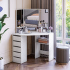 HOMCOM Corner Vanity Desk with Mirror - 43.7" L x 22.1" W x 55.6" H - White-Large tabletop, 5 drawers and 3 shelves offer ample storage space 