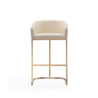 Manhattan Comfort Louvre 21" Mid-Century Modern Faux Leather Upholstered Barstool - Cream and Titanium Gold-Features a gracefully curved leatherette-upholstered seat with tailored stitching, paired with a polished stainless steel base showcasing a distinctive cantilevered silhouette and subtly beveled edges for a refined, modern look