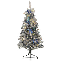 HOMCOM 5' Pre-Lit Artificial Christmas Tree with LEDs and Decorations - White-Pre-configured with blue-themed ornaments for a festive look 