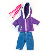 Miniland - Vêtements de poupée - convient aux poupées de 12-5/8 pouces - ensemble en molleton violet pour temps froid-Parfait pour enseigner aux enfants comment s'habiller selon les différents climats.