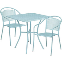 Table de jardin carrée de 28 po en acier bleu ciel et 2 chaises au dossier rond, intérieur/extérieur [CO-28SQ-03CHR2-SKY-GG]-Ensemble comprenant 1 table et 2 chaises