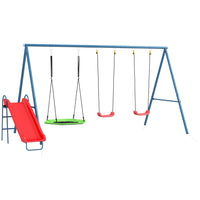 Outsunny - Ensemble de balançoire en métal 4 en 1 avec balançoire soucoupe, toboggan, bleu foncé-Comprend plusieurs options de jeu  