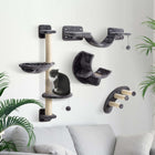 PawHut Cat Wall Shelf with Scratching Post, Play Balls and Platforms - Dark Grey-Covered with soft plush and sisal blanket 