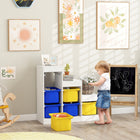 Qaba - Organisateur de rangement pour jouets, bibliothèque pour enfants avec 6 bacs en plastique - jaune et bleu-Trois niveaux permettent de classer efficacement les blocs, crayons, camions et poupées  

