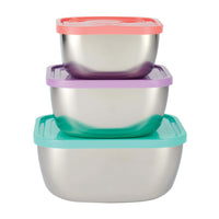 Tramontina Stainless Steel Tapered Square Container Set with Colored Plastic Lids - 6 Piece Set-Ideal for preparing and storing food in the refrigerator, freezer, cupboard, or pantry