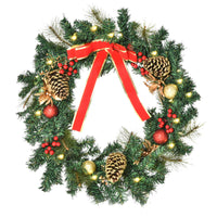 HOMCOM 24" Pre-Lit Artificial Christmas Spruce Wreath with Pinecones and Red Berries - Green-24" life like wreath adds a natural look to your holiday décor without the hassle of a real wreath 