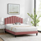 Modway Elise Performance Velours Lit Plateforme Twin Avec Pieds en Bois Noir - Vieux Rose-Tête de lit touffée en canal