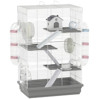 PawHut 28" H 4-Level Large Hamster Cage with DIY Tubes, Water Bottle, Food Dish, Hut and Exercise Wheels - Grey-A four-level cage with fun tubes provides endless fun and space 