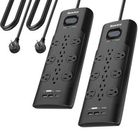 Huntkey 6' Flat Plug Surge Protector Power Strip with 12 Outlets and 3 USB Ports - Black - 2 Pack-Rated at 3480 Joules, this surge protector offers industrial-strength defense against lightning strikes and power surges, safeguarding high-end computers, TVs, and gaming consoles.