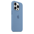 Apple Silicone Case with MagSafe for iPhone 15 Pro - Winter Blue-The silky, soft-touch finish of the silicone exterior feels great in your hand