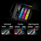 Epson T702 Ink Cartridge Combo Pack - High Capacity Black/Standard Capacity Colour CMY-Epson printing system is specifically designed to be used with Epson Genuine Cartridges. Use of non-genuine ink could cause damage not covered under the printer's limited warranty