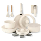 Gotham Steel - Batterie de cuisine antiadhésive en céramique et aluminium 18 pièces avec poignées amovibles - Crème-Les casseroles et les casseroles antiadhésives complètes avec poignées détachables comprennent : 8,5 po. poêle à frire, 10,25 po. poêle à frire, casserole de 2 qt., casserole de 3 qt., poêle à sauter profonde de 3 qt., poignées de casserole et de casserole détachables 2x, une carte de rangement magnétique pour poignées détachables, 8,5 po. couvercle en verre bordé de silicone pour une utilisat