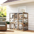 PawHut - Enclos extérieur pour chat Catio, maison pour chat en bois avec fenêtre, brun-Cinq plateformes avec deux maisons pour chats pour jouer et se reposer 
