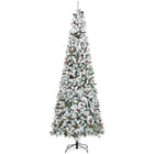 HOMCOM 9' Snow-Flocked Pencil Artificial Christmas Tree with Auto Open - Green-Lush pine tree shape with pine cones and red berries for a healthy, natural look 