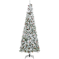 HOMCOM 9' Snow-Flocked Pencil Artificial Christmas Tree with Auto Open - Green-Lush pine tree shape with pine cones and red berries for a healthy, natural look 