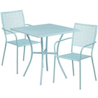 Table de jardin carrée de 28 po en acier bleu ciel et 2 chaises au dossier carré, intérieur/extérieur [CO-28SQ-02CHR2-SKY-GG]-Ensemble comprenant 1 table et 2 chaises