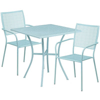 Table de jardin carrée de 28 po en acier bleu ciel et 2 chaises au dossier carré, intérieur/extérieur [CO-28SQ-02CHR2-SKY-GG]-Ensemble comprenant 1 table et 2 chaises