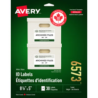 Avery White Laser/Inkjet Permanent I.D. Labels, 5" x 8 1/8", 30 Pack (06573)-Permanent, Rectangular label