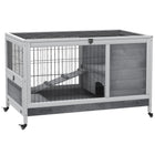 PawHut 23" H Wooden Indoor Rabbit Hutch on Wheels with Run - Grey-Solid fir wood with living room, run backyard, ramp and door 