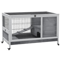 PawHut 23" H Wooden Indoor Rabbit Hutch on Wheels with Run - Grey-Solid fir wood with living room, run backyard, ramp and door 