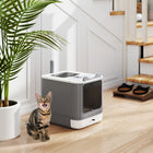 PawHut Cat Litter Box with Lid - Front-Entry, Top-Exit for Medium Cats - White-This fully enclosed litter box with four charcoal packs effectively traps odours
