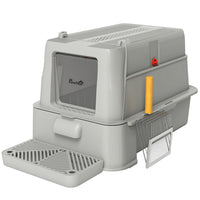PawHut - bac à litière pour chat en acier inoxydable 80 l - gris clair-Comprend un tiroir coulissant et une façade rabattable pour un nettoyage sans effort 