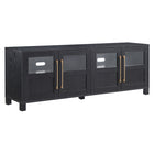 Hudson&Canal Holbrook TV Stand for TV's up to 75" - Black Grain-Features four doors with enclosed cabinets and 4 shelves for ample storage, the top half of each door features a glass panel, while the bottom half is solid MDF