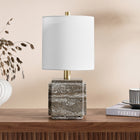 Hudson&Canal Pacha 16" Tall Stone Table Lamp with Fabric Shade - Grey Veined Travertine-Base is crafted of natural travertine stone, and each piece will contain slight variations in veining patterns and color
