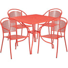 Table de jardin carrée de 35,5 po en acier corail et 4 chaises au dossier rond, intérieur/extérieur [CO-35SQ-03CHR4-RED-GG]-L’ensemble comprend une table et 4 chaises