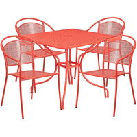 Table de jardin carrée de 35,5 po en acier corail et 4 chaises au dossier rond, intérieur/extérieur [CO-35SQ-03CHR4-RED-GG]-L’ensemble comprend une table et 4 chaises