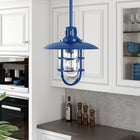 Hudson&Canal - Suspension lanterne Bay de 21 cm de large avec abat-jour en verre et métal - Bleu/transparent-Une finition bleue artisanale est appliquée sur la base métallique du cylindre