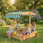 Outsunny - Bac à sable en bois pour enfants avec couvercle, auvent réglable, sièges, 47 po L x 47 po l x 47 po H - marron clair-Peut contenir jusqu’à 670 lb (304 kg) de sable
