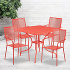 Table de jardin carrée en acier de 35,5 po et 4 chaises au dossier carré, intérieur/extérieur, corail [CO-35SQ-02CHR4-RED-GG]-Revêtement thermolaqué corail