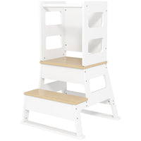 Qaba 2 in 1 Toddler Tower Kitchen Helper with Chalkboard, Safety Rail - White-Helps toddlers develop independence through daily activities 
