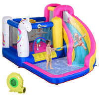 Outsunny Unicorn Bouncy Castle with Inflator - 12' L x 10.5' W x 7' H - Multicoloured-Water pool modeling and attractive colour scheme make your child more interested 