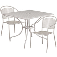 Table de jardin carrée de 35,5 po en acier gris clair avec 2 chaises à dossier rond, intérieur/extérieur [CO-35SQ-03CHR2-SIL-GG]-Ensemble comprenant une table et 2 chaises