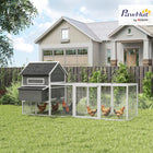PawHut 137" L Wooden Chicken Coop with Chicken Run and Nesting Box - Dark Grey-Robust fir wood construction with the elevated house, nesting boxes, ramp, door, and attached run 