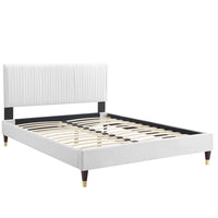 Modway - Peyton Lit plateforme complet en velours haute performance avec pieds en bois et manchons en métal doré - Blanc-Lit de plateforme complet tufté par le canal