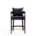 Manhattan Comfort Ritz 22" Mid-Century Modern Faux Leather Upholstered Counter Stool - Black and Dark Walnut - 3 Pack-Includes Gold Metal Footrest
