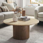 Modway Kioni Round Travertine Coffee Table - Walnut-Walnut Veneer Pedestal Base