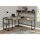Monarch Specialties 7161 Computer Desk - Dark Taupe/Black Metal Corner-Open and closed storage options include 2 fixed, open shelves on the left, 1 wide storage drawer with a black metal handle and metal drawer glides under the main desktop, and a hutch with 3 cubbies on the right