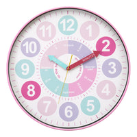 Monarch Specialties 9102 18" Round Juvenile Wall Clock - Multi-Coloured Face/Pink Frame-This 18" round wall clock features a multi-colored face with a charming pink frame, making it a standout piece in any juvenile space