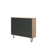 Nexera Slim 2-Door Storage Accent Cabinet - Floating And Wall Mount Bar - Nutmeg & Charcoal Grey-With its shallow depth, this piece of furniture, enhanced by its hairpin legs, offers discreet storage space on two internal shelves behind its double MDF doors with geometrically patterned textured lacquer finish